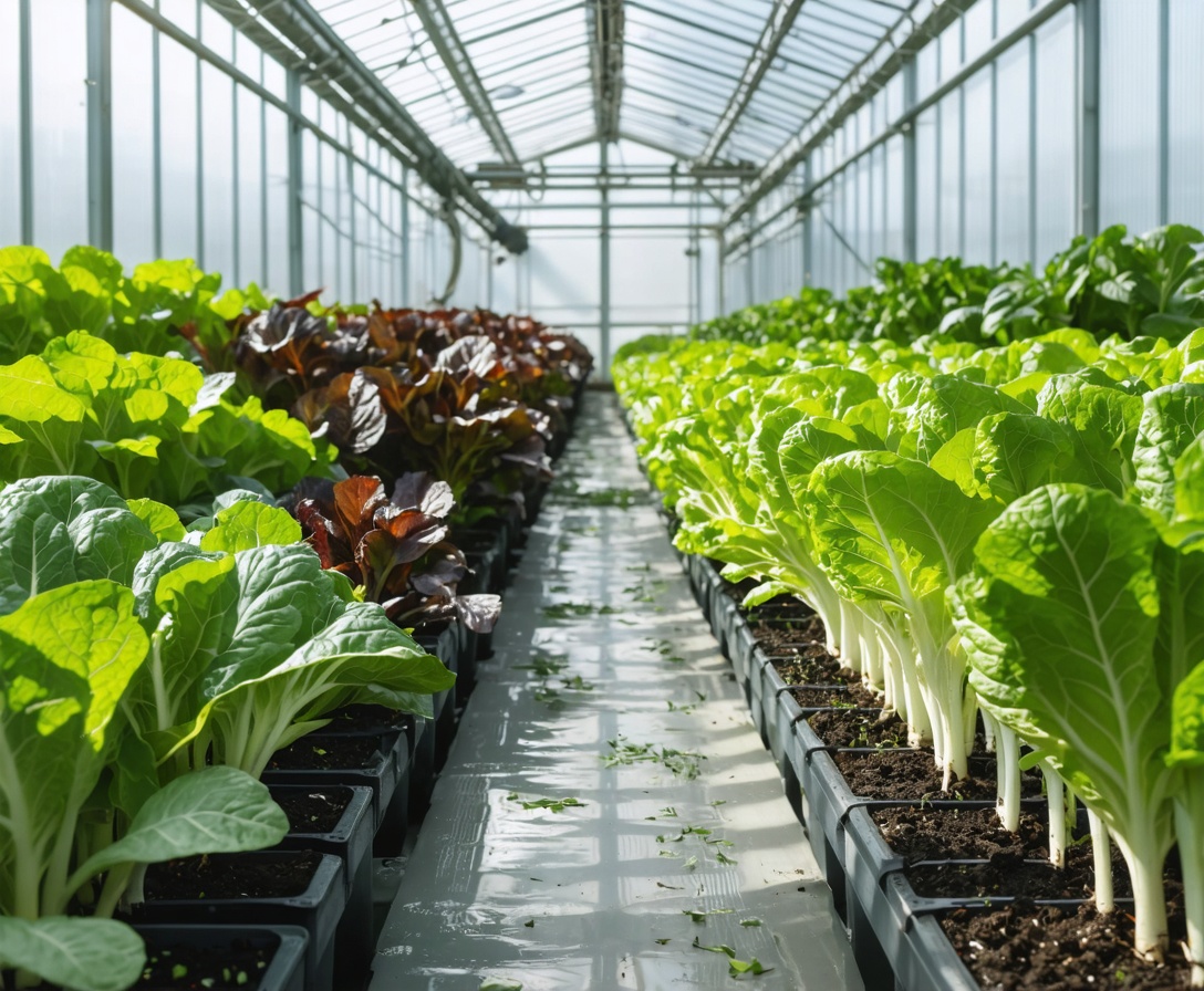 Pohľad na moderne osvetlenú vertikálnu farmu s rastúcim listovým šalátom v regáloch