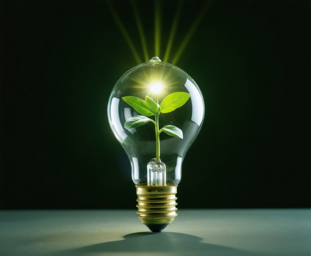 Symbolická fotografia žiarovky s rastúcou zelenou rastlinkou vo vnútri na drevenom pozadí